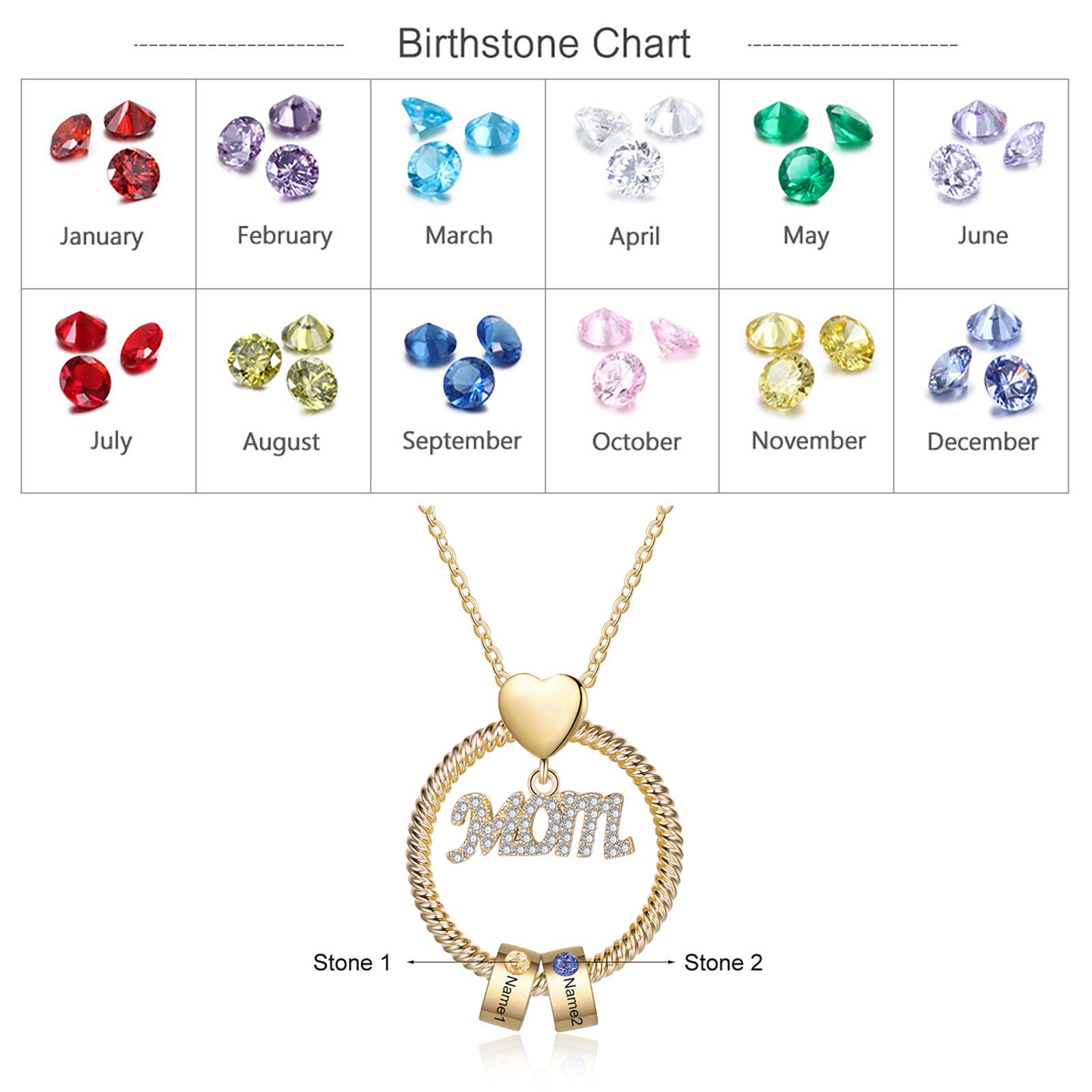 Personalisierte 2 Namen Gravur "MAMA"/MOM/OMA Halskette mit 2 Geburtssteinen