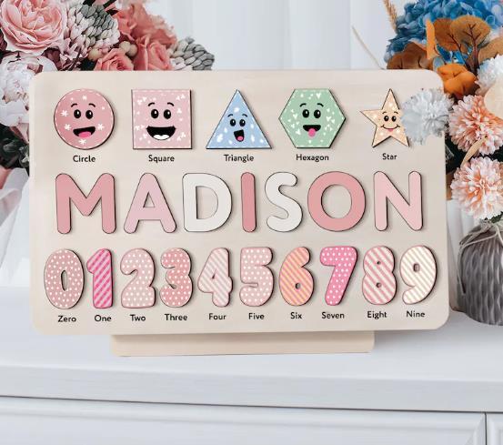 Personalisiertes Name Ziffer & Geometrie Holz Puzzle Geschenk für Vorschulkinder