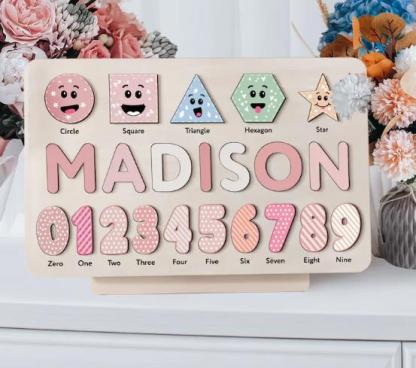 Personalisiertes Name Ziffer & Geometrie Holz Puzzle Geschenk für Vorschulkinder