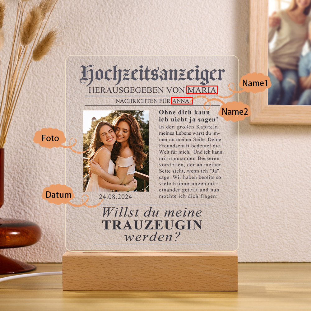 Hochzeitsanzeiger Nachtlicht-Personalisierter Foto & 2 Namen & Datum-Willst du meine Trauzeugin werden-Hochzeit Geschenk