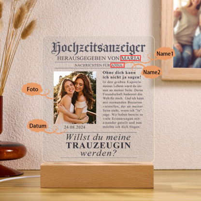 Hochzeitsanzeiger Nachtlicht-Personalisierter Foto & 2 Namen & Datum-Willst du meine Trauzeugin werden-Hochzeit Geschenk