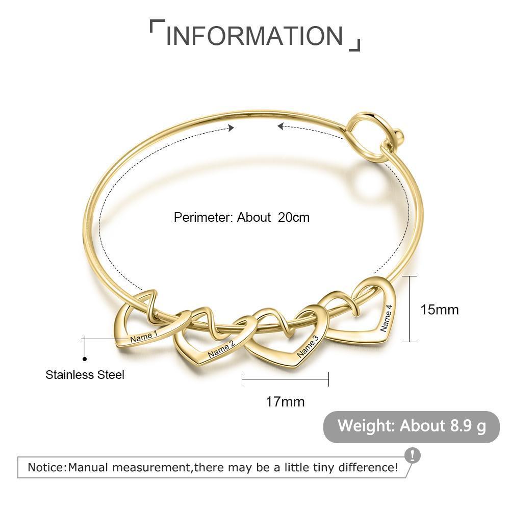 Gravur 4 Namen Herz Armband Armreif mit Herzanhängern