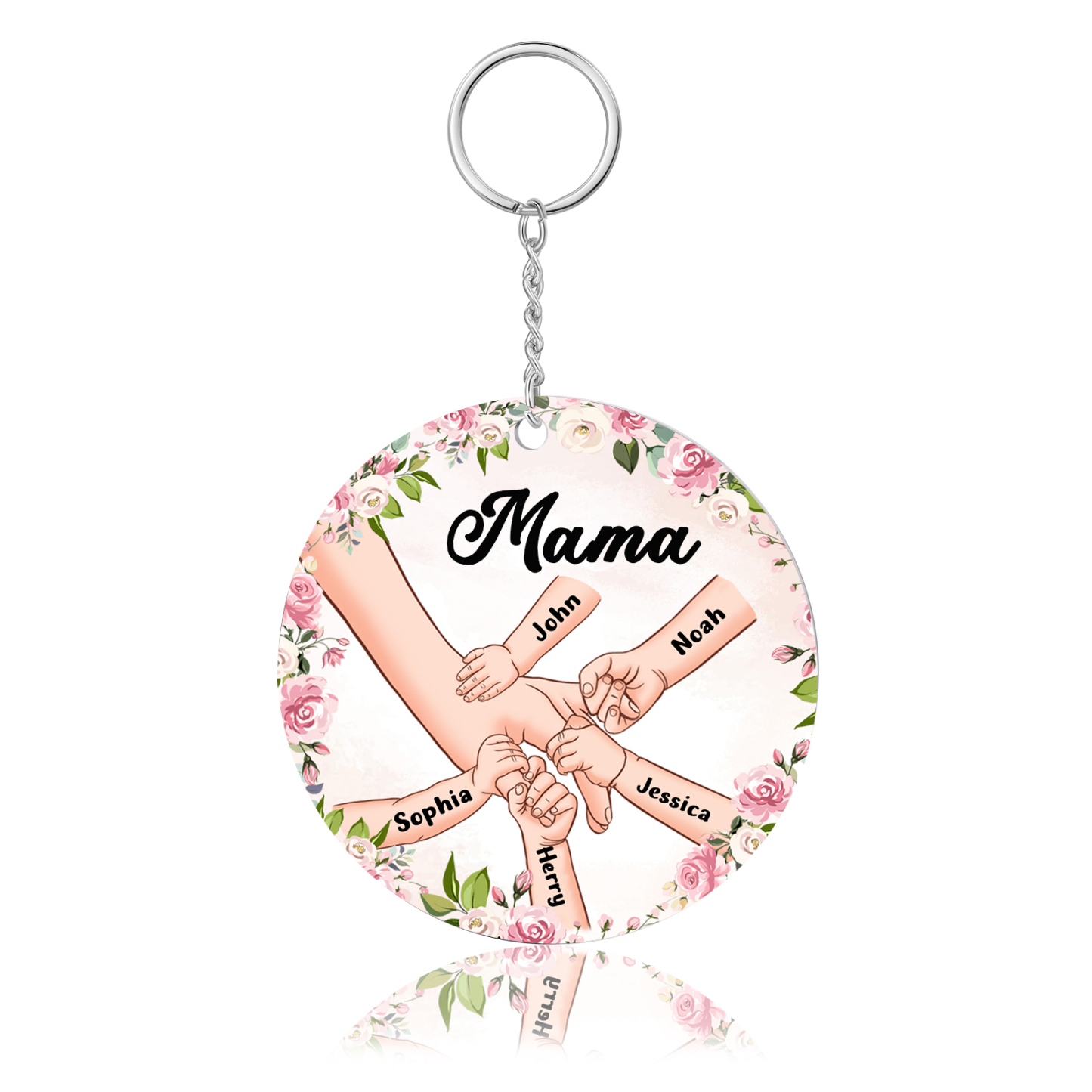 Personalisierte 5 Namen & Text Hand in Hand Rund Acryl Familie Schlüsselanhänger