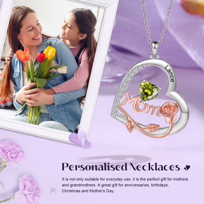 Personalisierter 1 Name Herz Rose Gravur "MOM" Halskette mit 1 Geburtsstein