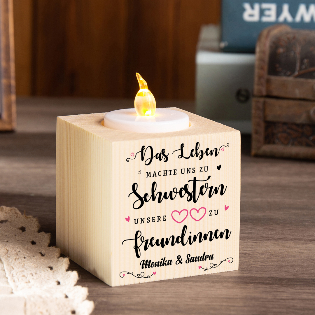 Holz Kompliment Kerzenhalter 1 bedruckte Seite Personalisierter Text-Unsere Herzen machen uns zu Freundinnen-Geschenk für Schwester