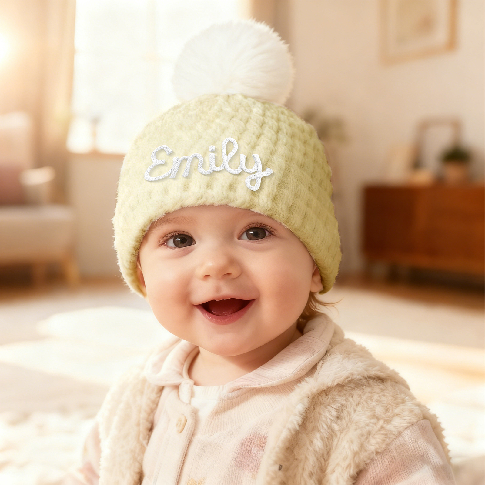 Personalisierte Baby-Strickmütze mit Pompon – handbestickte Wintermütze für Kinder