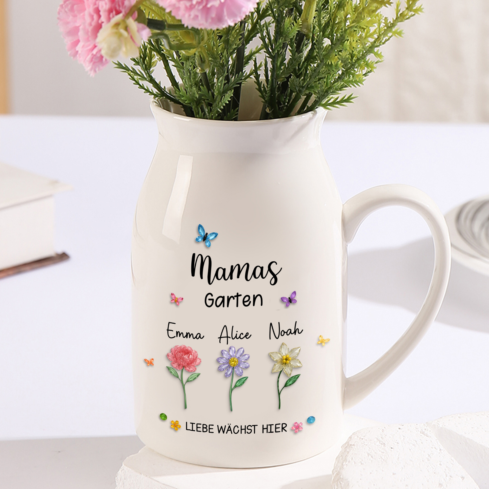 Personalisierte Keramik-Blumenvase  mit 1–10 Geburtsblumen und Namen Mamas & Omas Garten Muttertags- oder Geburtstagsgeschenk für Mama und Oma | Kettenmachen