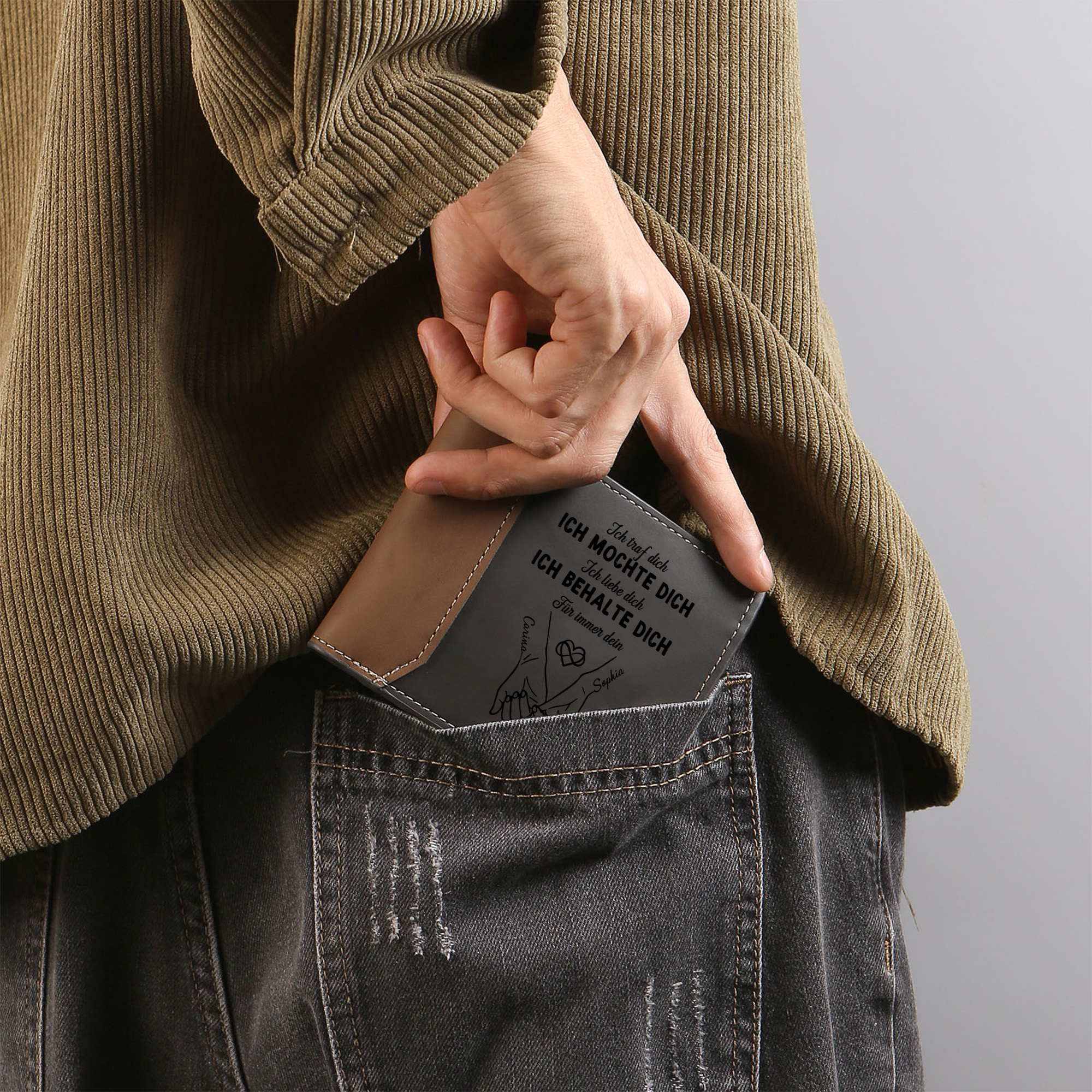 Personalisierte Herren-Geldbörse aus PU-Leder mit Foto- und Händchenhalten-Motiv