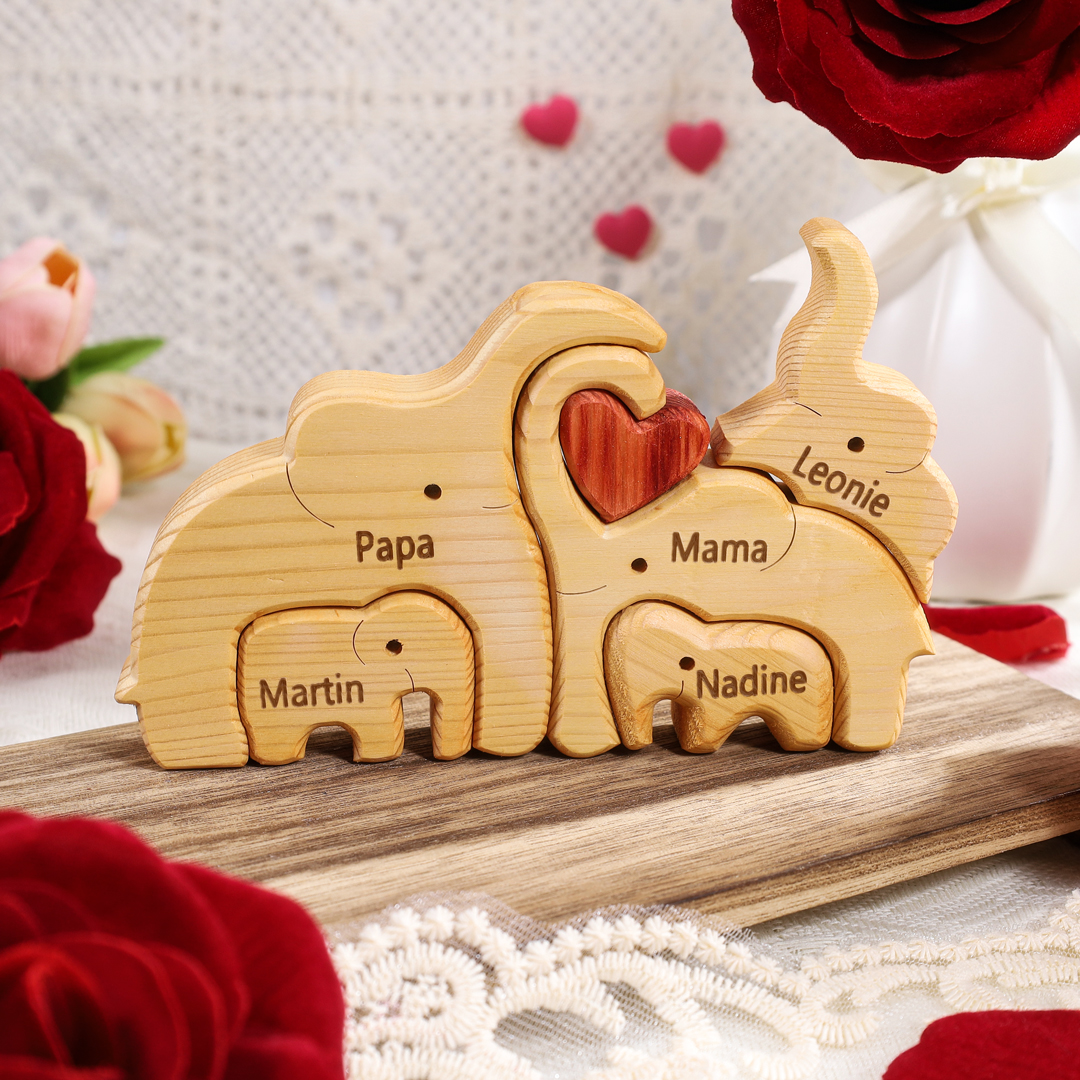 Holzskulptur-Personalisierte 5 Namen Elefanten Familien Holz Deko für Familie