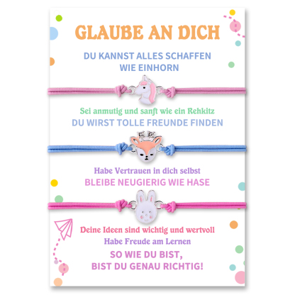 Schulanfang Geschenkset-Personalisierter Name & Datum Einhorn Emaille Tasse & Personalisierter Name Stifteetui & 3 Gummiband Armbänder Set - Geschenk für Schulkind mit Geschenk Box