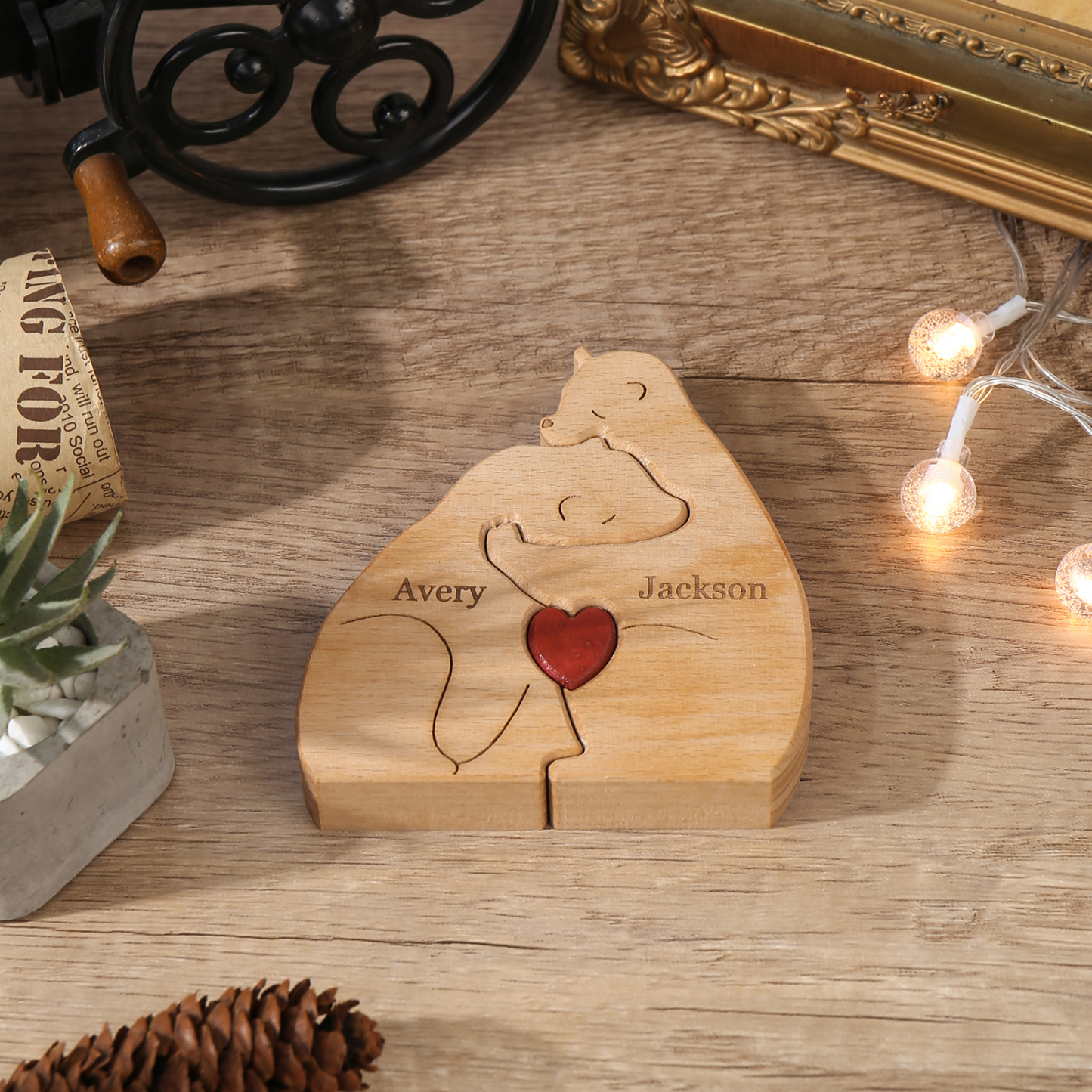 Holzskulptur-Personalisierte 2 Namen Bär Umarmung Paar Holz Deko für Pärchen
