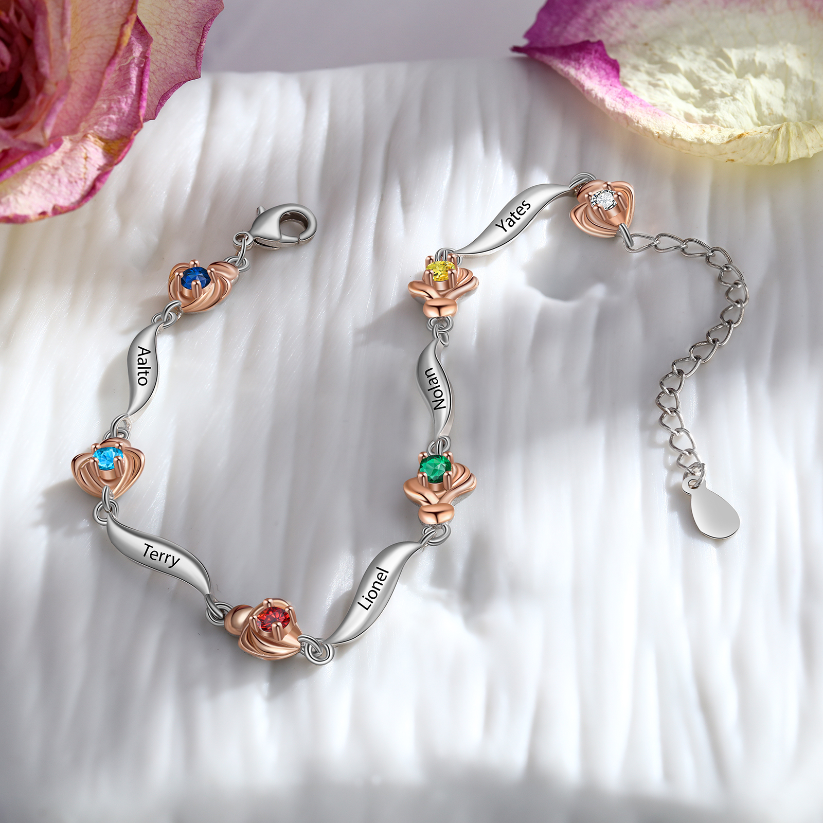Personalisierte Rose Armband mit 5 Namen und 5 Geburtssteine Graviert