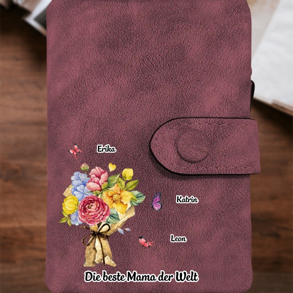 Damen Personalisierte 1-6 Namen & Text Blumen & Schmetterling PU Leder Geldbörse für Mama