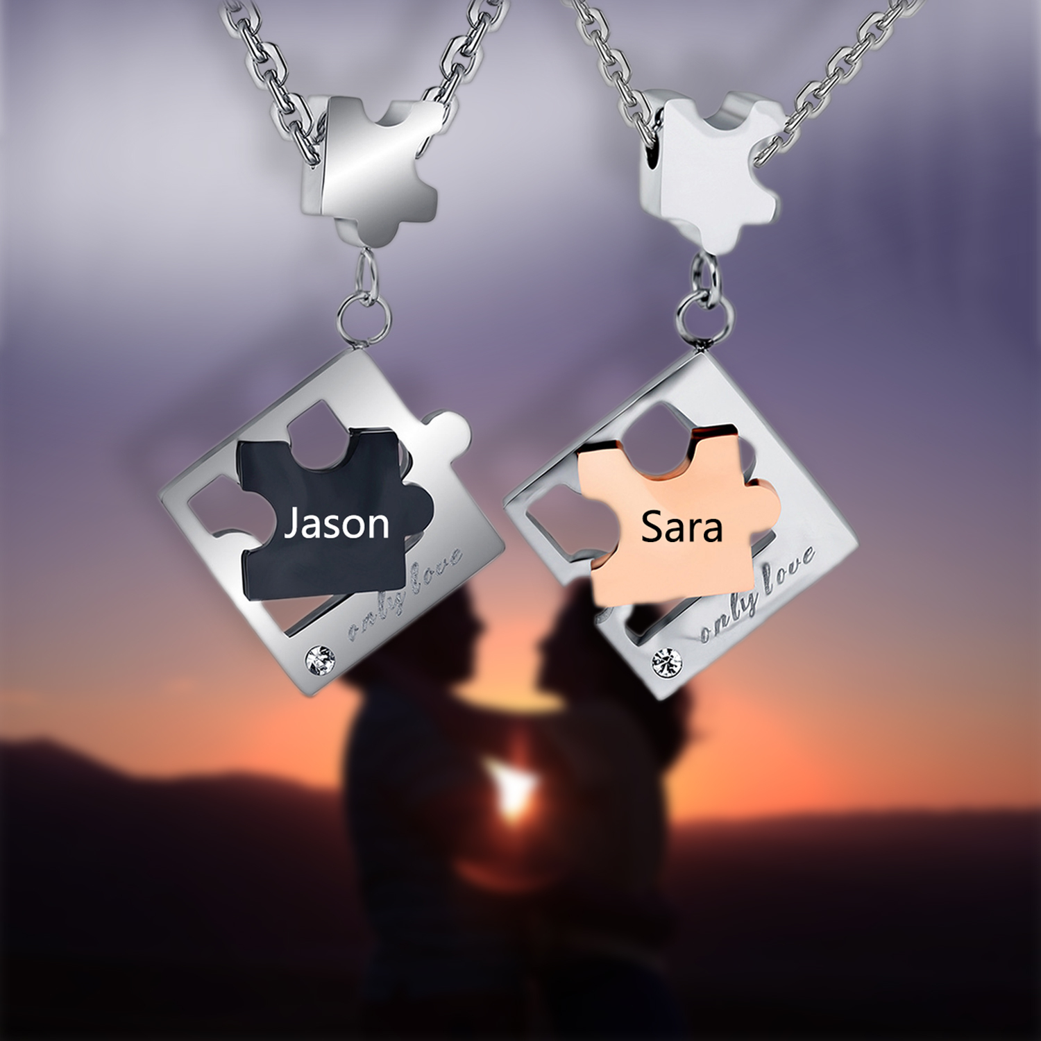 Personalisierte 2 Namen Puzzle "only Love" Halsketten Set