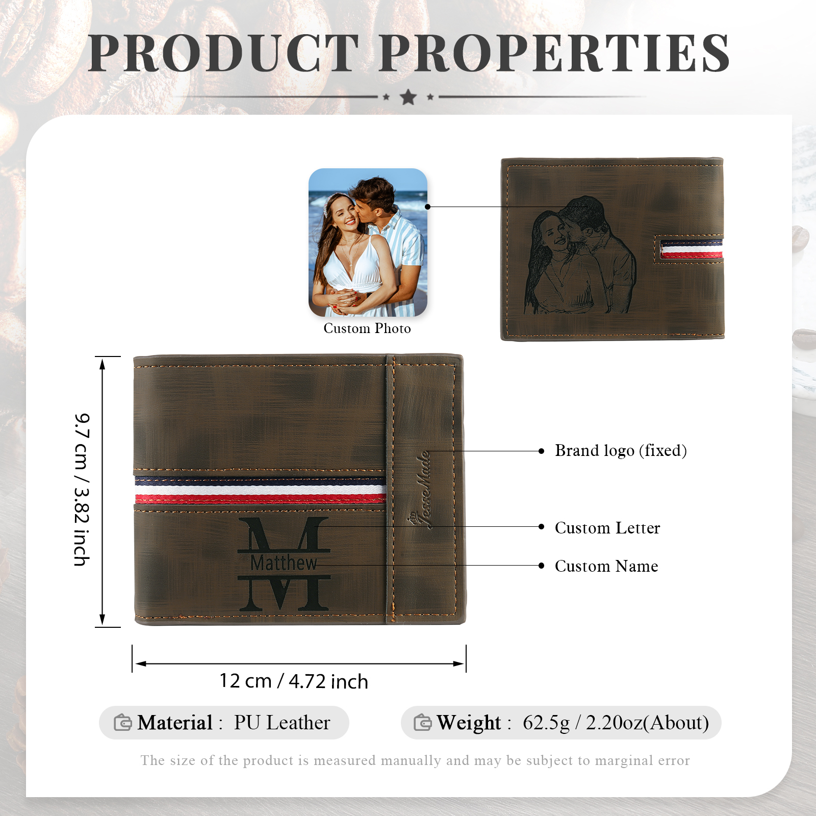 Personalisierte Foto & Name & 1 Buchstabe PU Leder Geldbörse