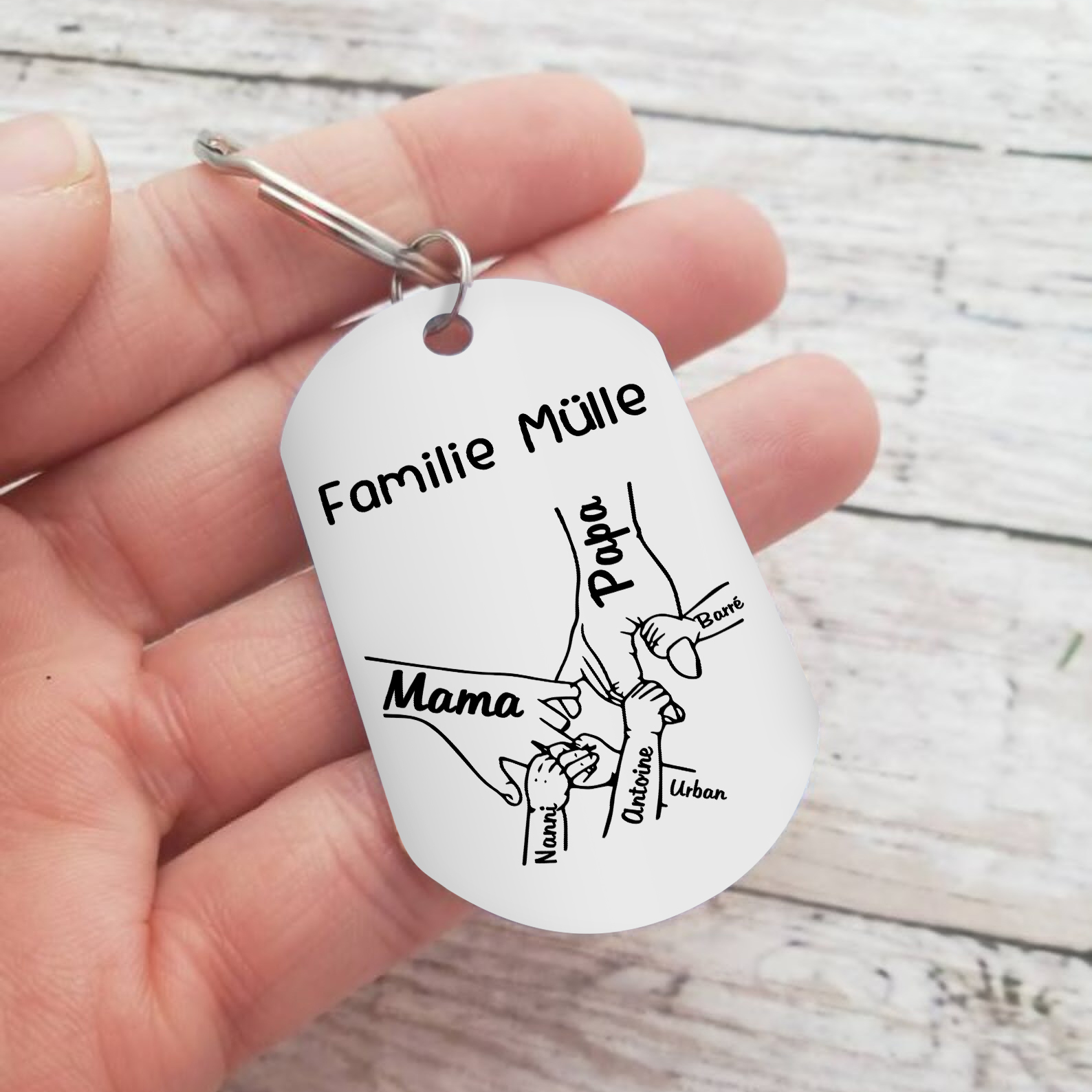 Personalisierbarer Text & 4 Namen Mama & Papa Hand Familie Schlüsselanhänger
