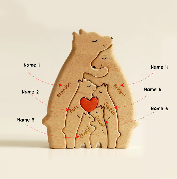 Personalisierte Bärenfamilie Holz-Puzzle – Mit 2-9 Namen, Als Tischdekoration Oder Familien-Geschenk
