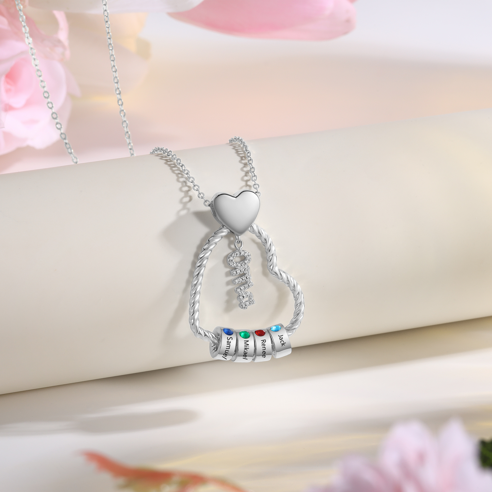 Personalisierte 4 Namen Herz Halskette mit 4 Geburtssteinen - Du machst meine Well bunter. Oma Schön, dass es Dich gibt - Geschenk mit Nachrichtenkarte