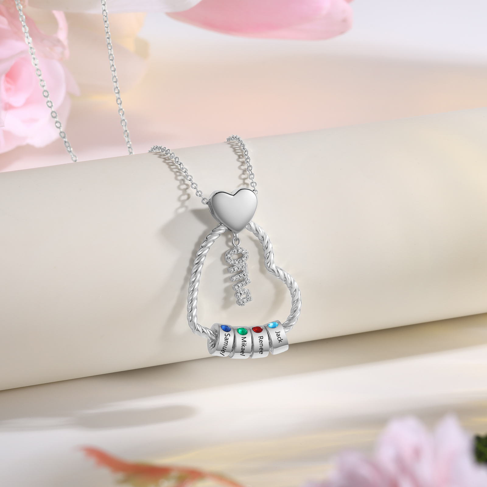 Personalisierte 4 Namen Herz Halskette mit 4 Geburtssteinen - Du machst meine Well bunter. Oma Schön, dass es Dich gibt - Geschenk mit Nachrichtenkarte