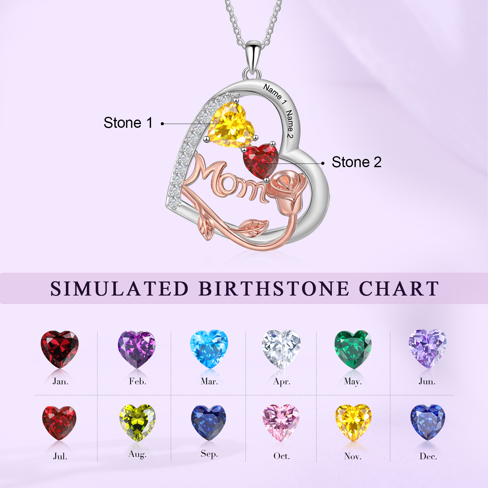 Personalisierte 2 Namen Herz Rose Gravur "MOM" Halskette mit 2 Geburtssteinen