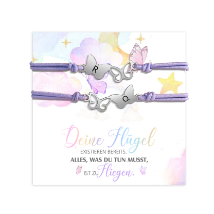 Personalisierte 2 Buchstaben Schmetterling Armbänder Set mit 2 Ketten Gummiband - Schulanfang Geschenk mit Karte