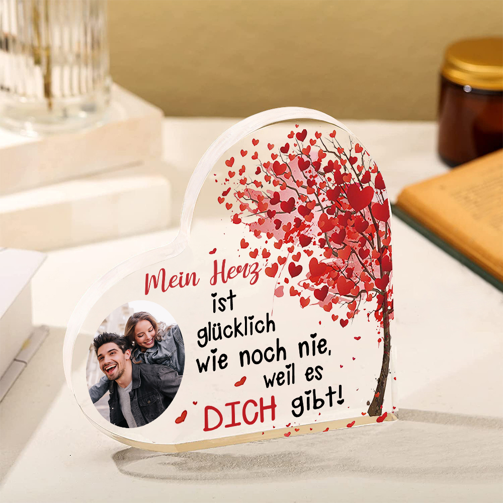 Personalisierte 1 Foto Acryl-Deko-Mein Herz ist glücklich wie noch nie, weil es Dich gibt-Schreibtischdekoration für Paar