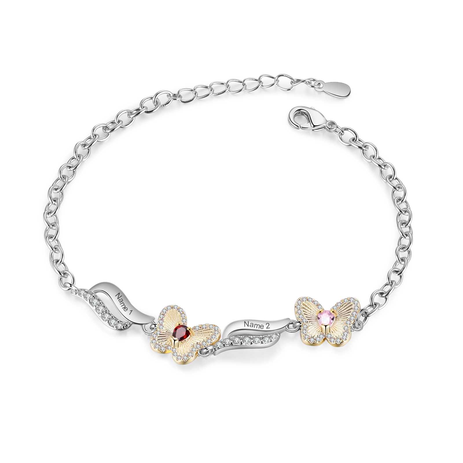 Personalisierte 2 Namen & 2 Geburtssteine Schmetterling Armband mit Zirkonia
