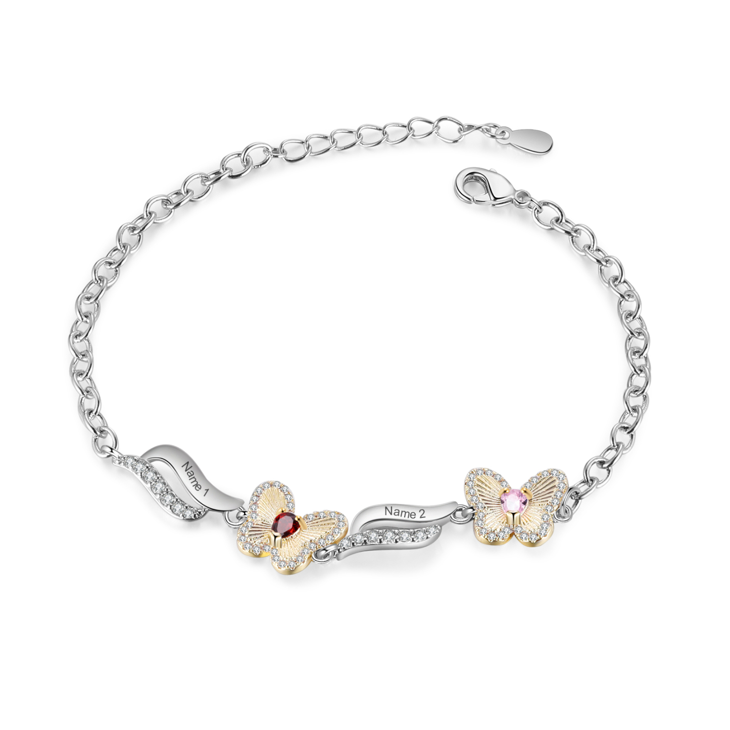 Personalisierte 2 Namen & 2 Geburtssteine Schmetterling Armband mit Zirkonia