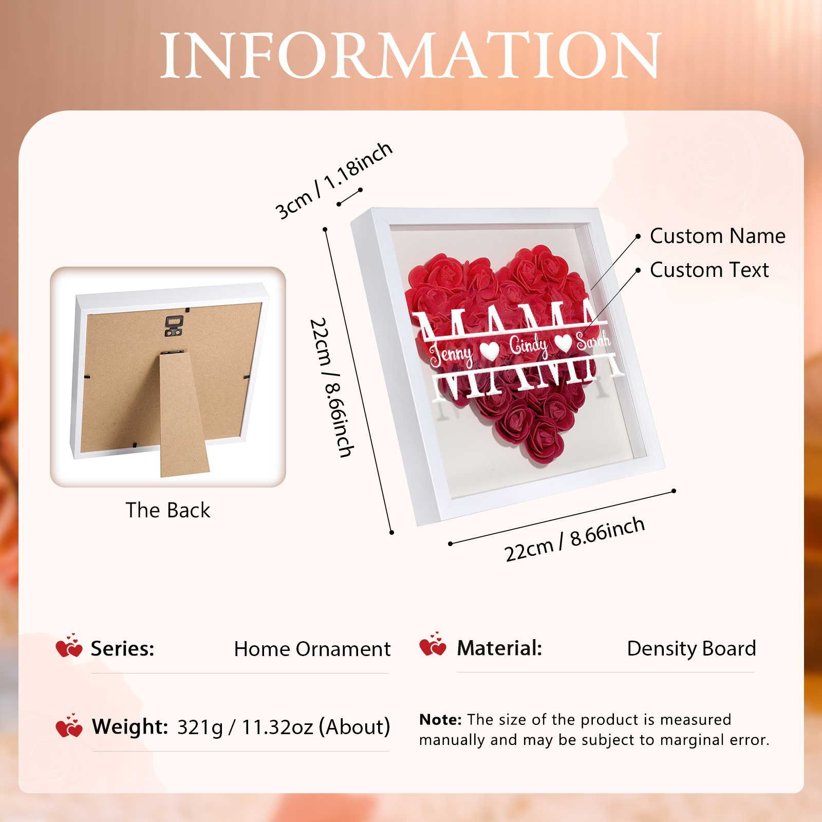 Mama Dichteplattenrahmen Deko-Personalisierbare 2 Namen Blume Ornament für Mutter