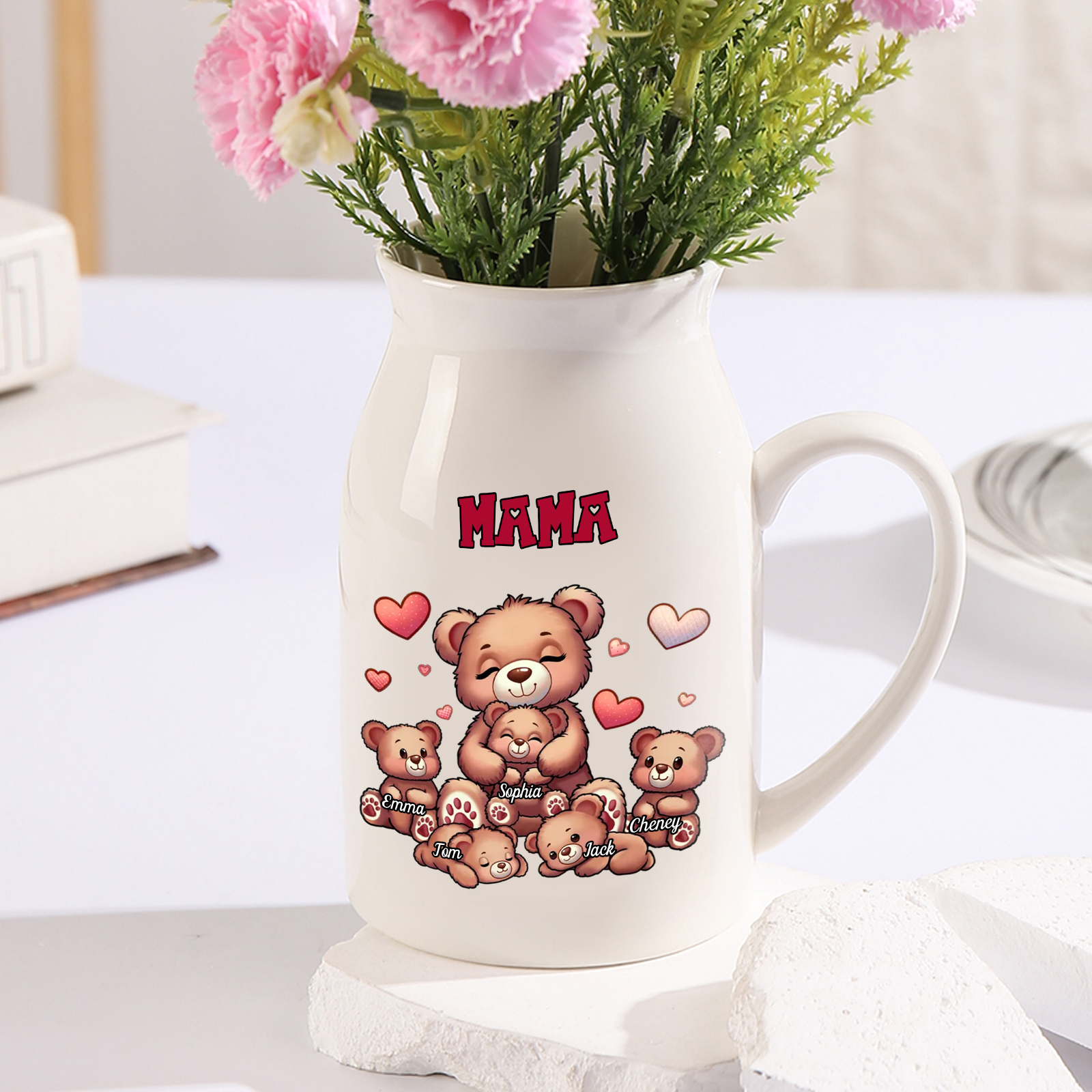 Personalisierte 5 Namen & Text Teddybär Familie Vase