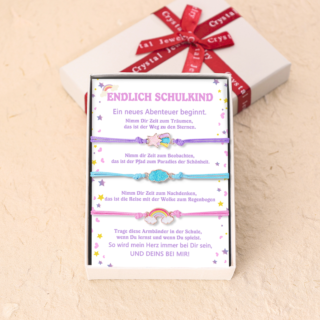 Stern & Wolken & Regenbogen Armbänder Set mit 3 Ketten-Endlich Schulkind Ein neues Abenteuer beginnt-Schulanfang Geschenk mit Nachrichtenkarte