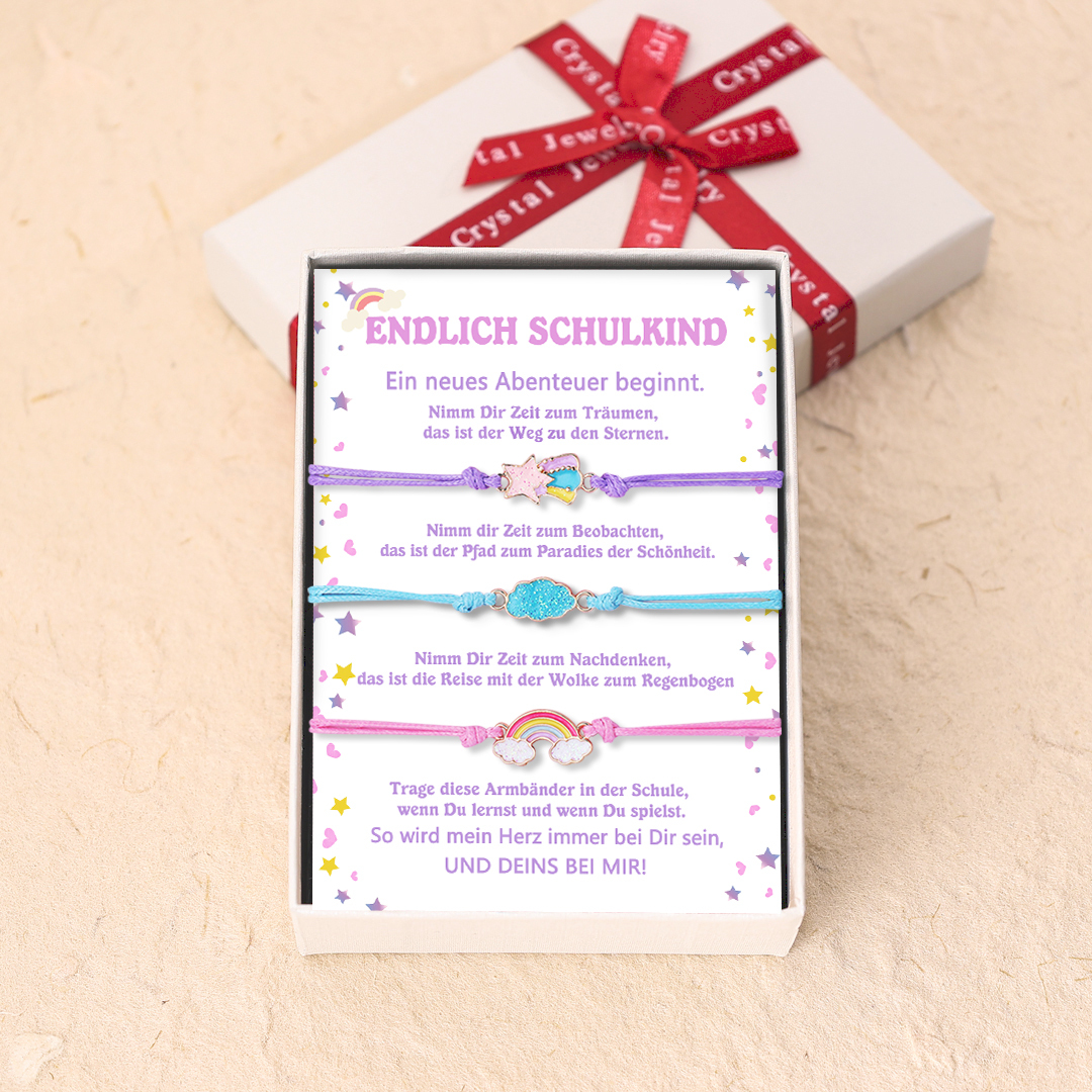 Stern & Wolken & Regenbogen Armbänder Set mit 3 Ketten-Endlich Schulkind Ein neues Abenteuer beginnt-Schulanfang Geschenk mit Nachrichtenkarte