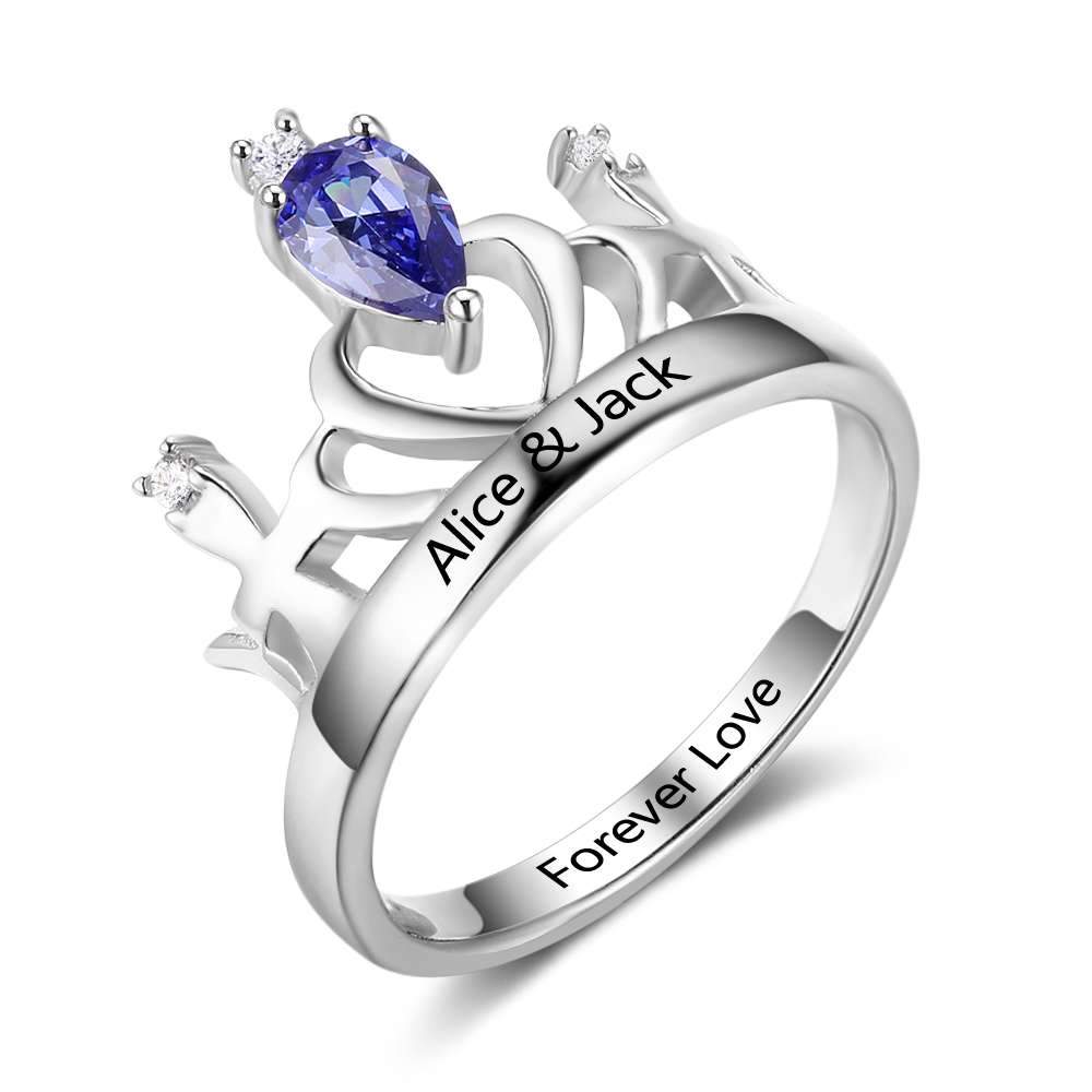 S925 Sterling Silver Krone Ring, graviert mit 1 Geburtsstein, graviert mit 2 Phrasen
