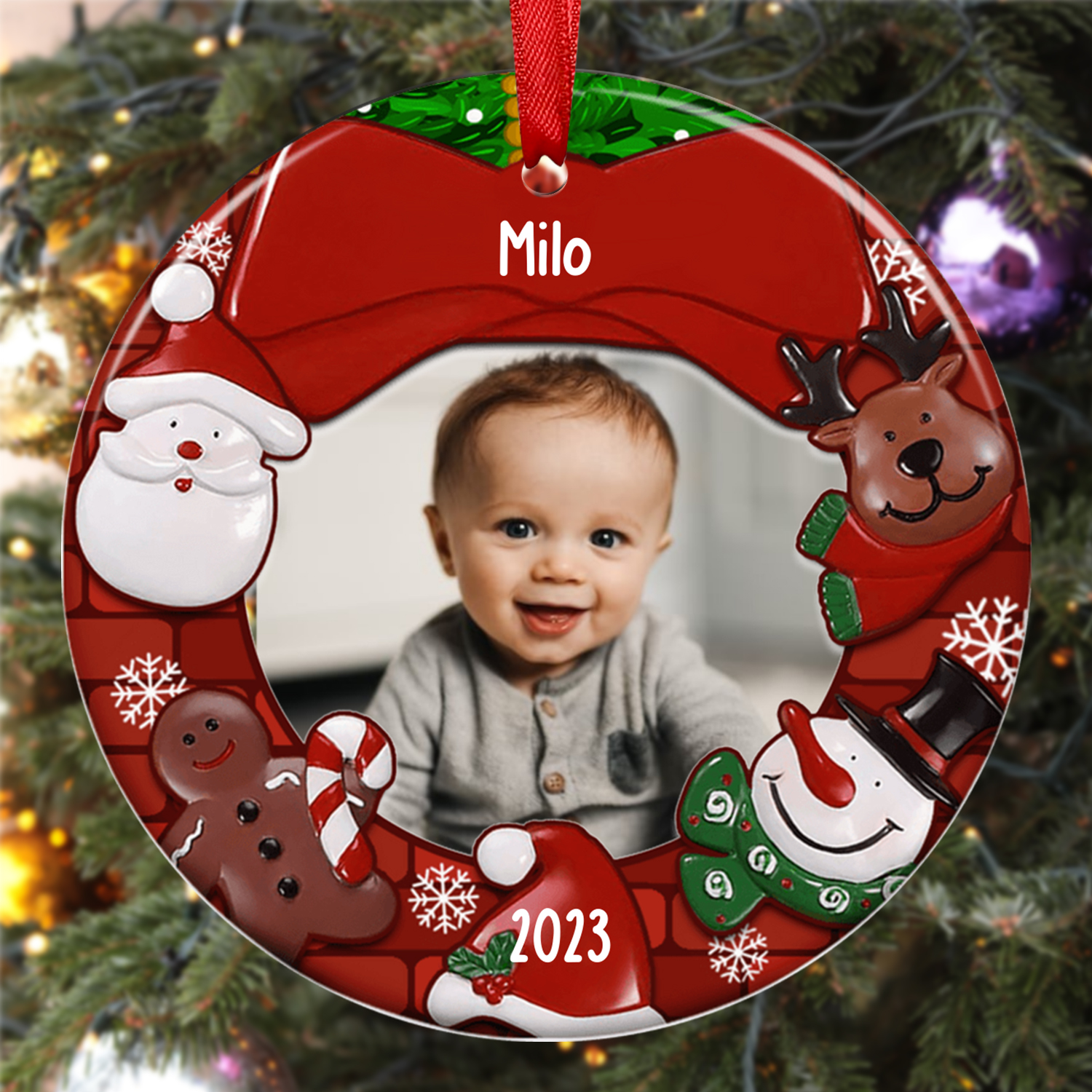 Acryl Weihnachtsornament-Personalisiertes Foto & Name & Jahr Rund Baby Ornament/Schlüsselanhänger mit Schlüsselring