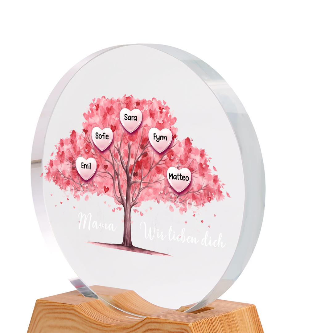 Personalisierte LED-Kristall-Nachtlicht mit Familienbaum in Herzform und 1-7 Namen
