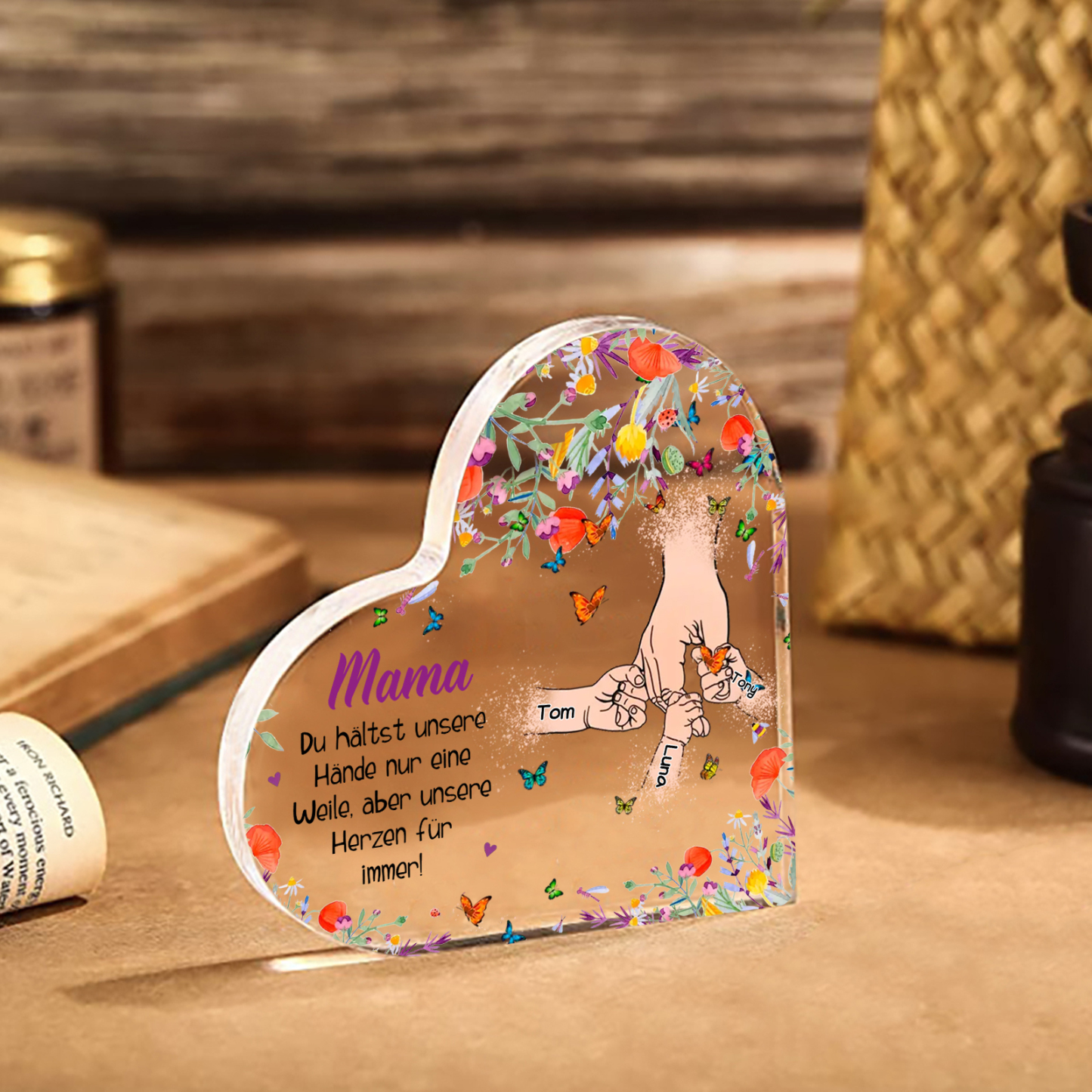 Personalisierte 3 Namen Herz Acryl-Deko -Mama Du hältst mein Hand nur eine Weile, aber unsere Herzen für immer- Schreibtischdekoration für Mutter