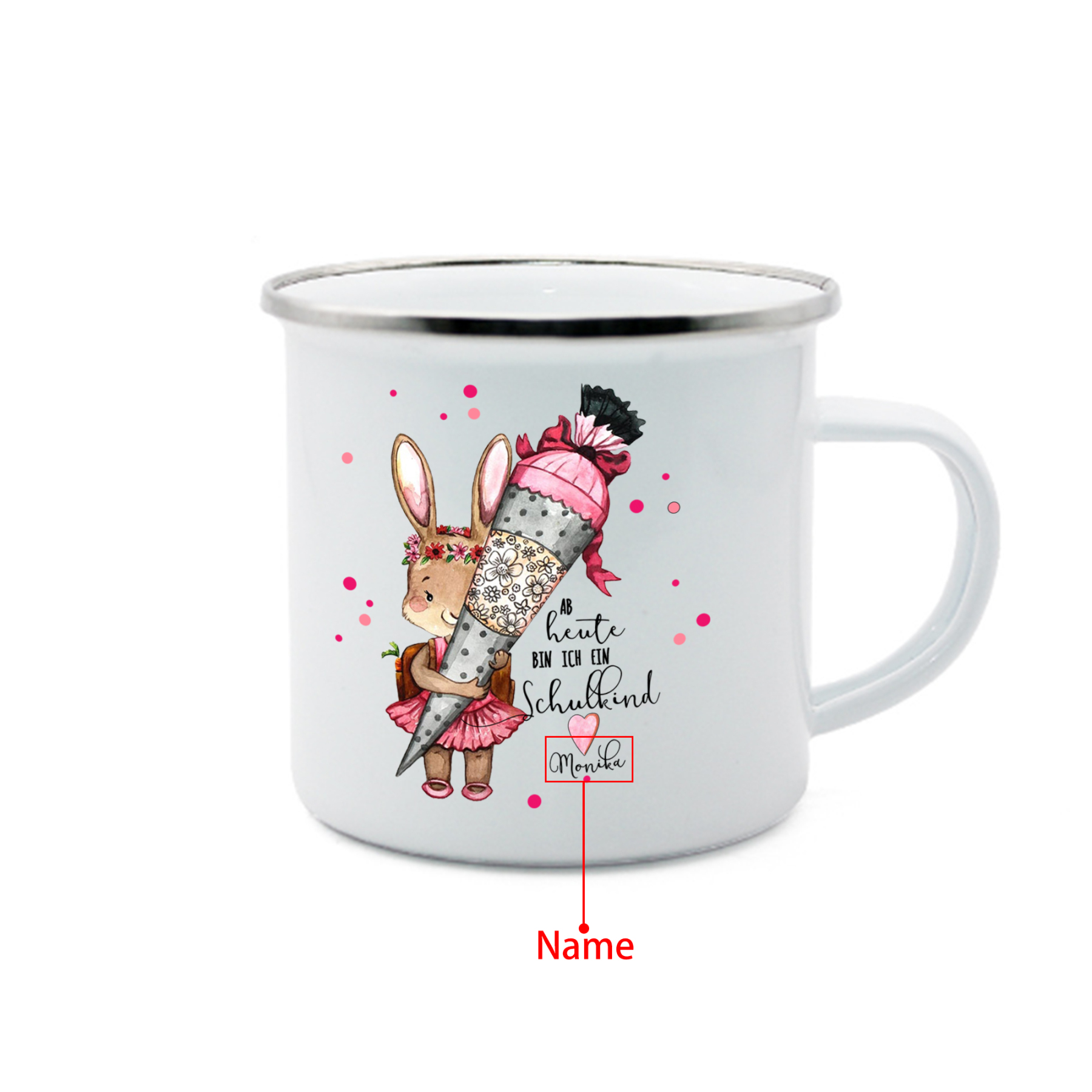Schulanfang Geschenkset -Personalisierter Name Emaille Tasse & 20 cm Lineal & Löwenzahn Armbänder Set - Geschenk für Schulkind mit Geschenk Box