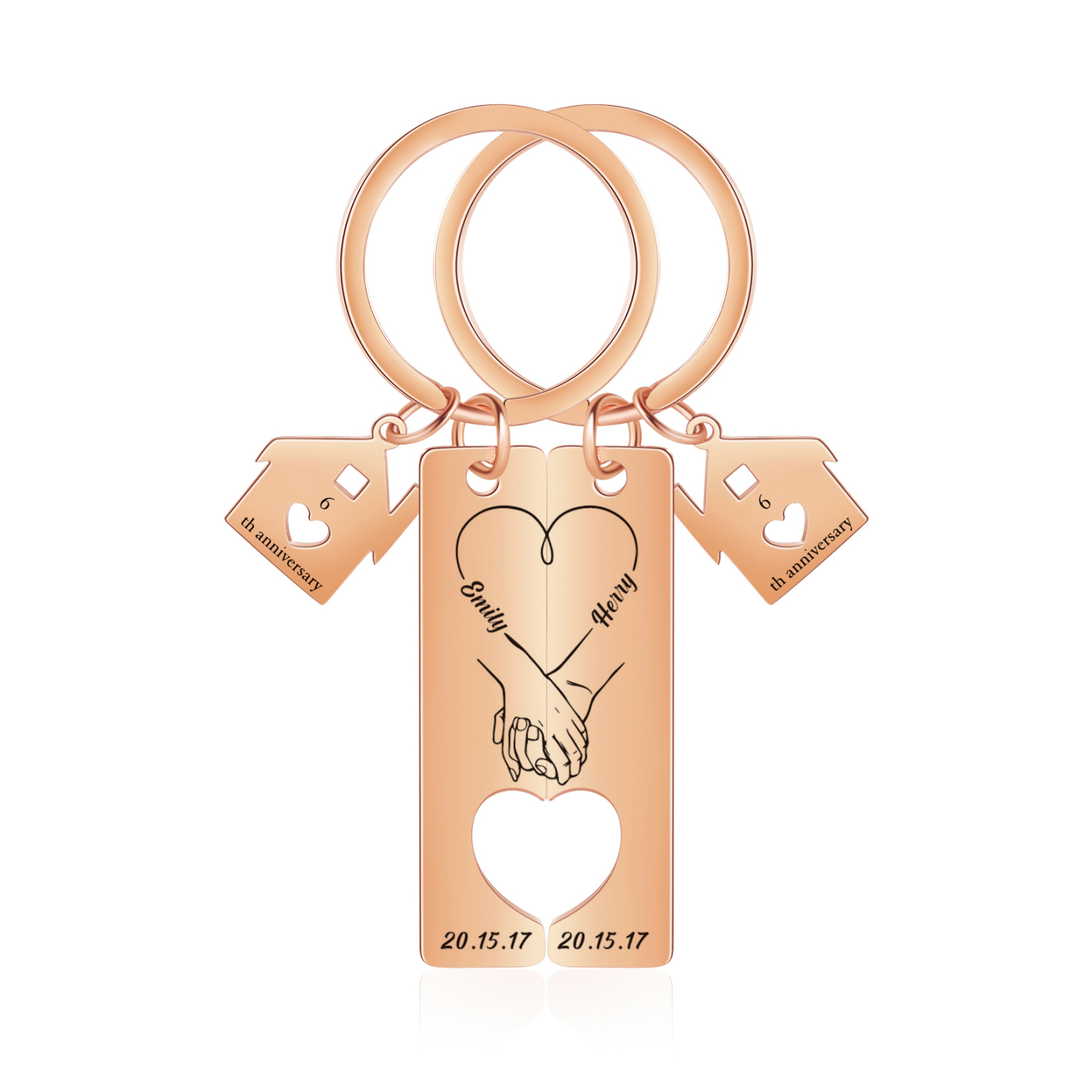 Personalisierbare 2 Texte & Datum & Namen Ausschnitt in Herzform Paar Metall-Schlüsselanhänger mit Haus Anhänger