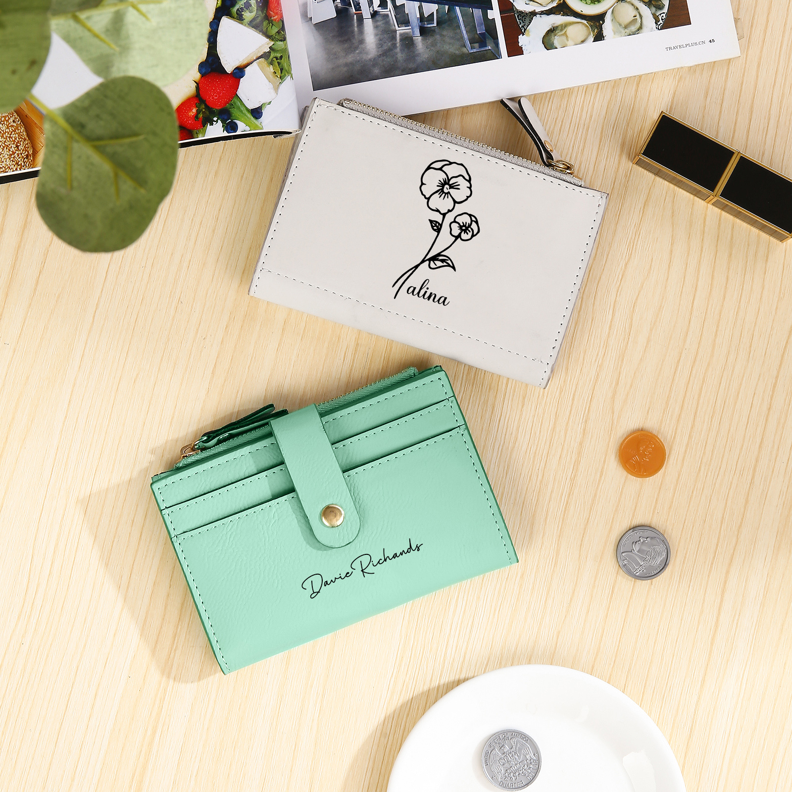 Damen Personalisierter Text & Name & Geburtsblume PU Leder Geldbörse