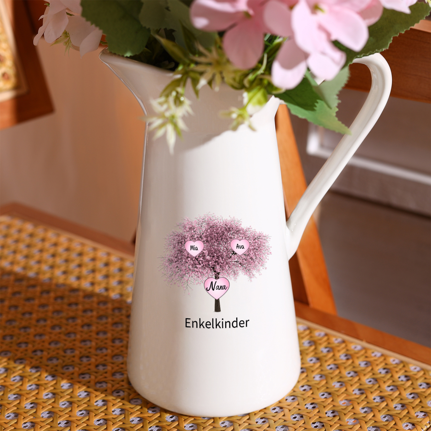 Personalisierte 3 Namen & Text Familie Kirschbaum Gießvase mit Henkel Familie Vase