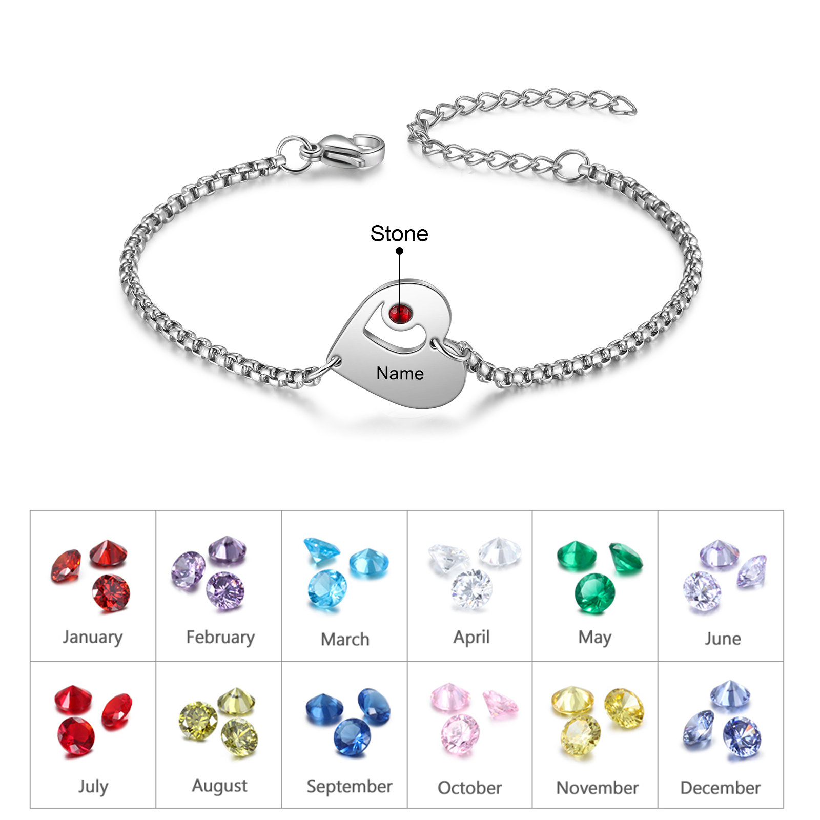Personalisiertes 1 Name Herz Charm Armband mit 1 Geburtsstein-Geschenk mit Nachrichtenkarte