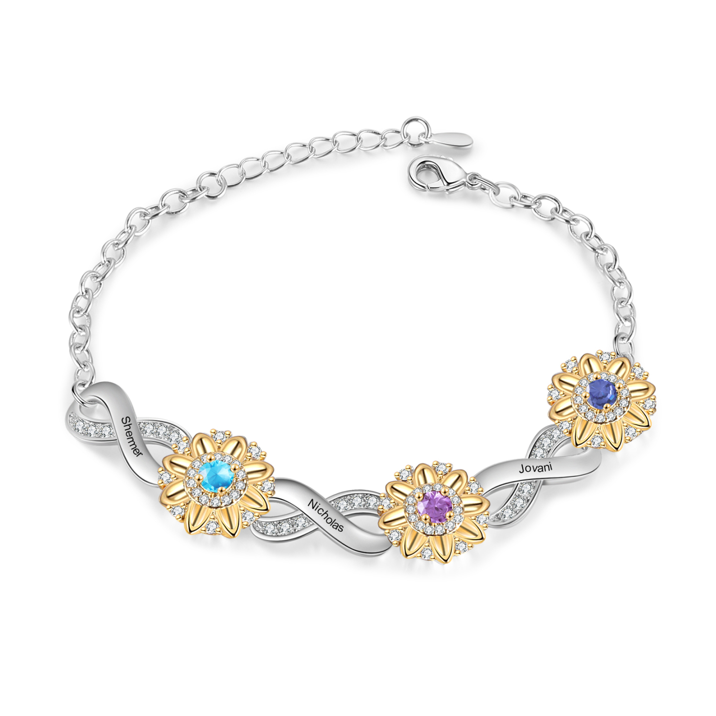 Personalisierte 3 Namen & 3 Geburtssteine Sonnenblume Infinity Armband mit Zirkonia