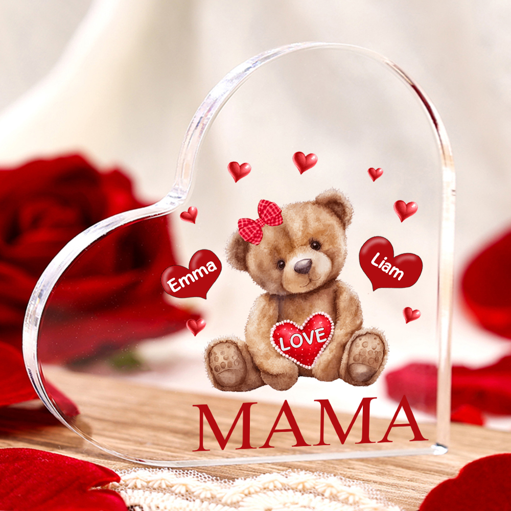 Personalisierte 2 Namen & Text Teddybär Familie Acryl-Deko Schreibtischdekoration für Mutter