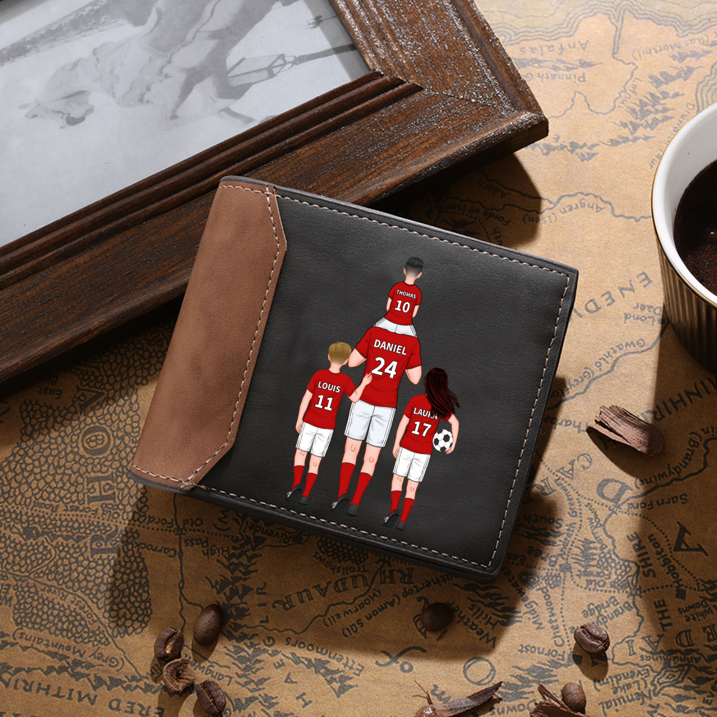 Herren Personalisierte 2-9 Namen & Text Papa & Kinder Fußball Leder Geldbörse – Geschenk für Papa Vater