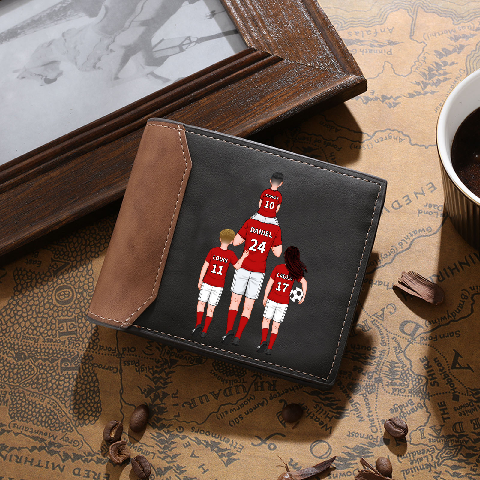 Herren Personalisierte 2-9 Namen & Text Papa & Kinder Fußball Leder Geldbörse – Geschenk für Papa Vater
