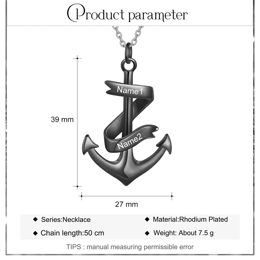 925 Sterling Silber Personalisierte 2 Namen Schwarz Anker Halskette-Geschenk mit Weiß Nachrichtenkarte