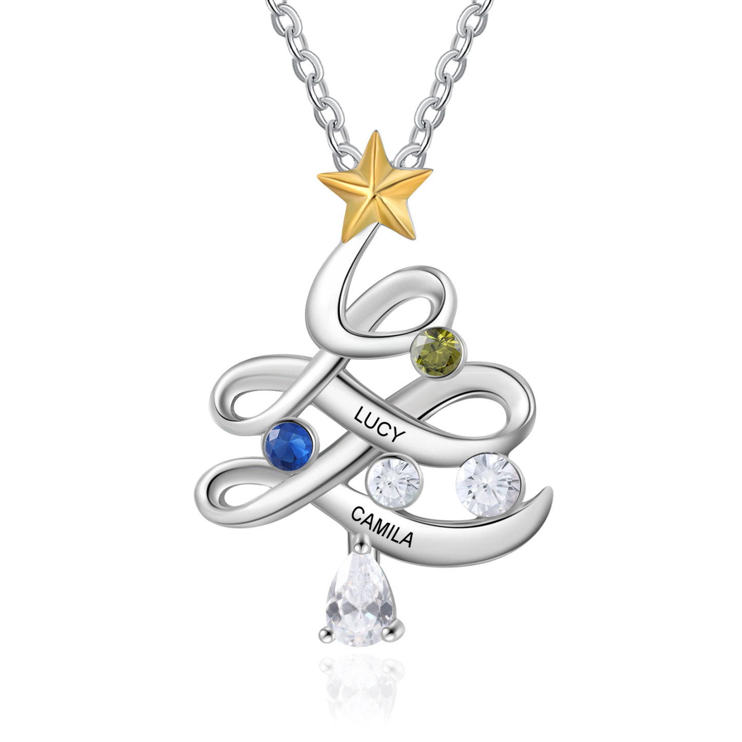 Personalisierte 2 Namen Weihnachtsbaum Halskette mit Geburtssteinen 