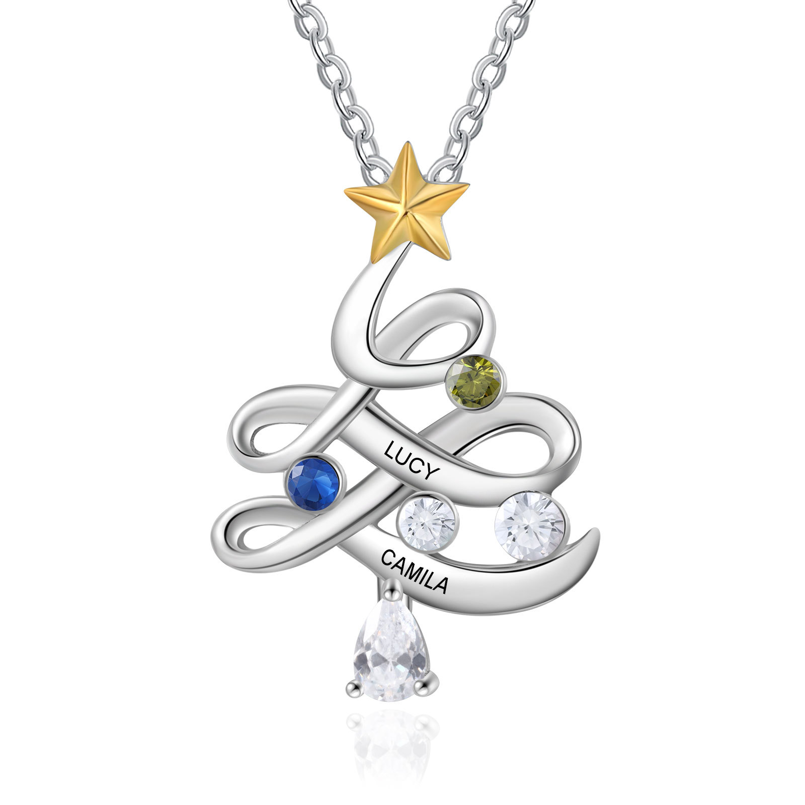 Personalisierte 2 Namen Weihnachtsbaum Halskette mit Geburtssteinen 