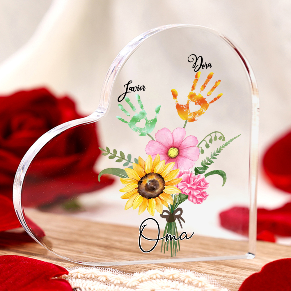Personalisierter Text & 2 Namen Herz Acryl-Deko Blumenstrauß Familie Schreibtischdekoration für Mutter/Oma