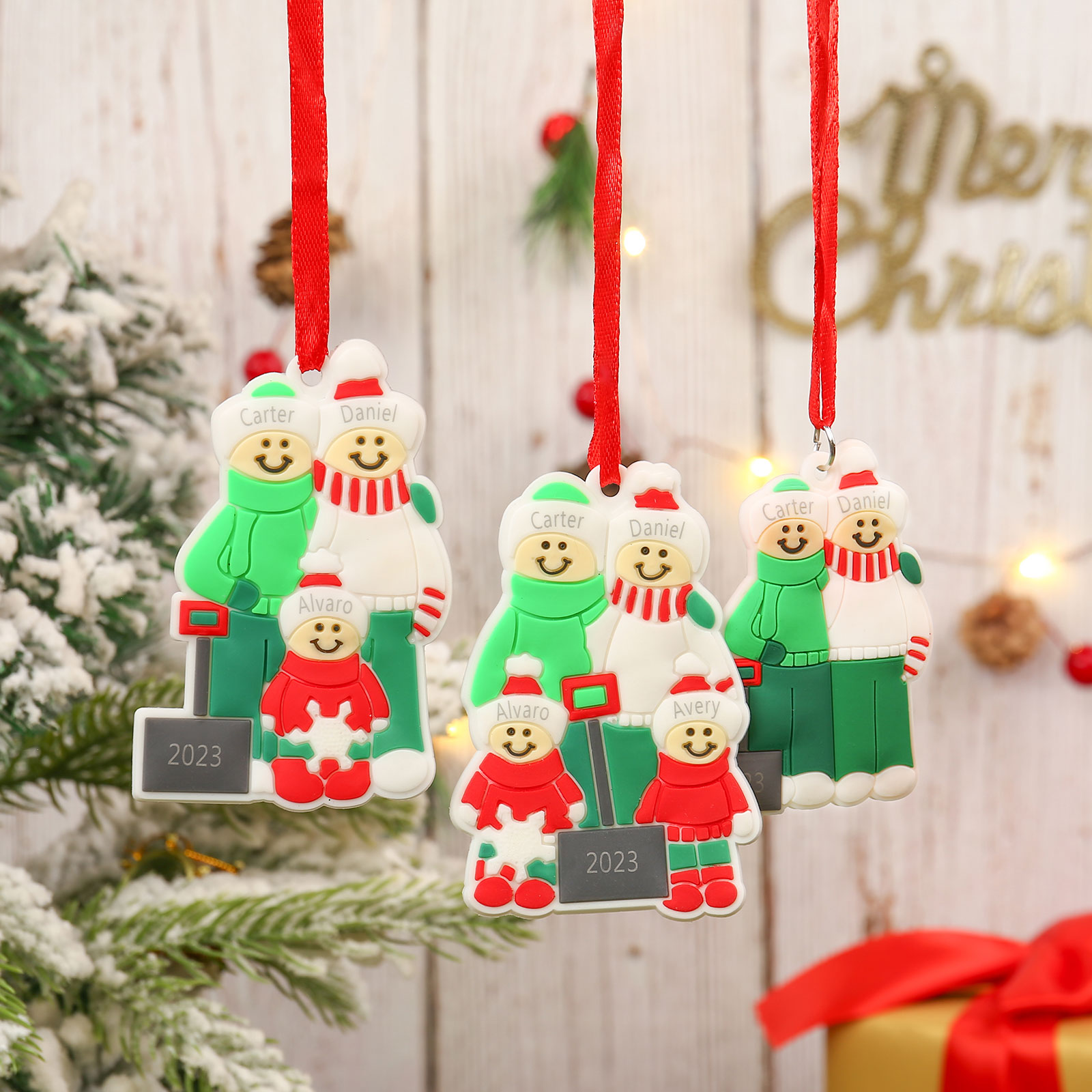 PVC Personalisierte 3 Namen & Jahr Schneeschaufel-Team Weihnachtsornament Weihnachtsbaum Anhänger mit 3 Familienmitgliedern